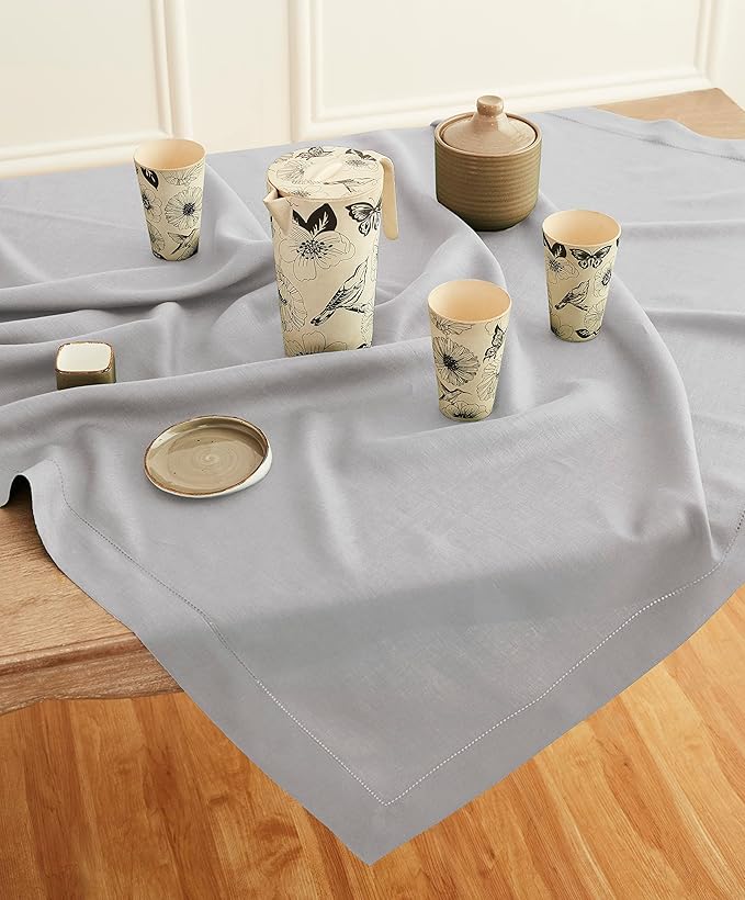 Solino Home Soft Grey Linen Tablecloth 52 x 52 Inch - 100% Pure Linen Square Table Throw - Classic Hemstitch, Machine Washable Table Cloth for Summer, Fall, Autumn