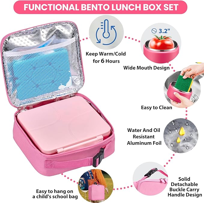 Bento Lunch Box with 8oz Soup Thermo,Kids Leakproof 4 Compartment Lunch Food Containers with Sauce Cup and Ice Pack,Kids Thermo Insulated Hot Food Jar and Lunch Bag for School,Trvael-Pink