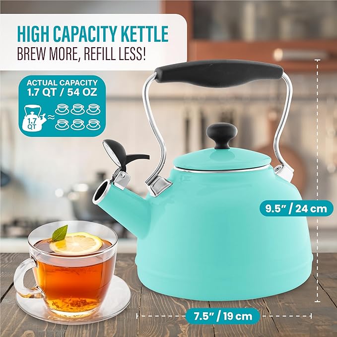 Chantal Tea Kettle, 1.7 QT, Vintage Series, Premium Enamel on Carbon Steel, Whistling, Even Heating & Quick Boil (Aqua)