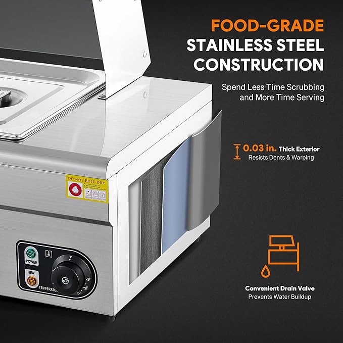 WILPREP 5-Pan Commercial Food Warmer with Sneeze Guard, Five 1/2 Pans, 1500W Countertop Electric Steam Table, 86-185°F Adjustable Temp Control, Stainless Steel Buffet Bain Marie