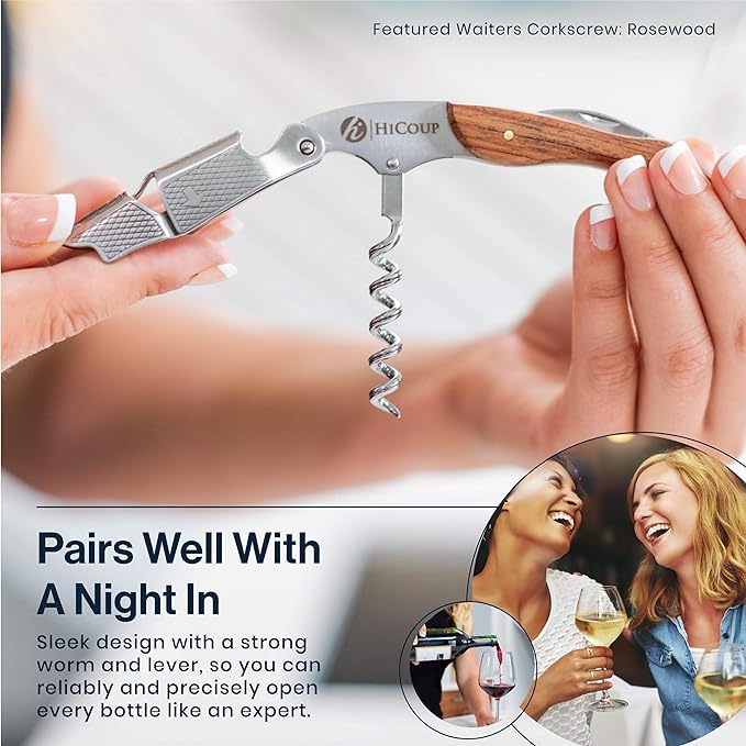 Hicoup Wine Opener - Professional Corkscrews for Wine Bottles w/Foil Cutter and Cap Remover - Manual Wine Key for Servers, Waiters, Bartenders and Home Use - Stainless Steel with Bai Ying Wood Inlay