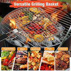 Grill Basket for Outdoor Grill, Stainless Steel Grilling Basket with Foldable Handle, Portable BBQ Cooking Rack for Fish, Vegetables, Shrimp, Chicken - Includes BBQ Skewers 6pcs,Basting Brush,Scrub Sponge-Upgrade