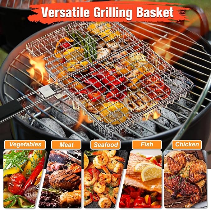 Grill Basket for Outdoor Grill, Stainless Steel Grilling Basket with Foldable Handle, Portable BBQ Cooking Rack for Fish, Vegetables, Shrimp, Chicken - Includes BBQ Skewers 6pcs,Basting Brush,Scrub Sponge-Upgrade