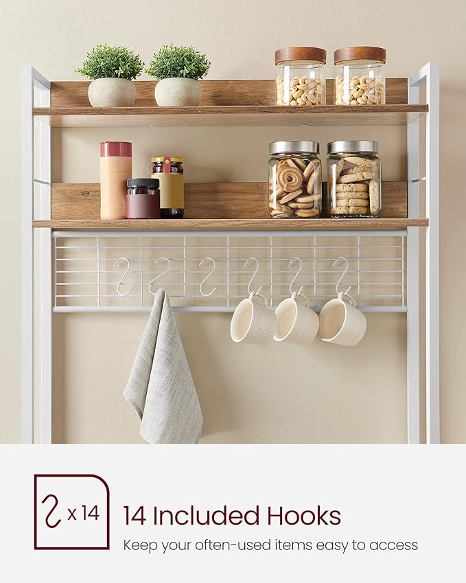 VASAGLE Hutch Bakers Rack with Power Outlet, 14 Hooks Microwave Stand, Adjustable Coffee Bar with Metal Wire Panel, Kitchen Storage Shelf, 15.7 x 31.5 x 66.9 Inches, Rustic Walnut and White UKKS025W41