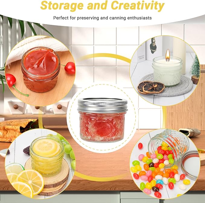 4 oz Glass Small Mason Jars, 40 Pack Regular Mouth Glass Canning Jars with Silver Aluminum Lids and Bands, Airtight Jam Jars for Food Storage, Fermenting, Honey, Dessert, DIY Candles Decor