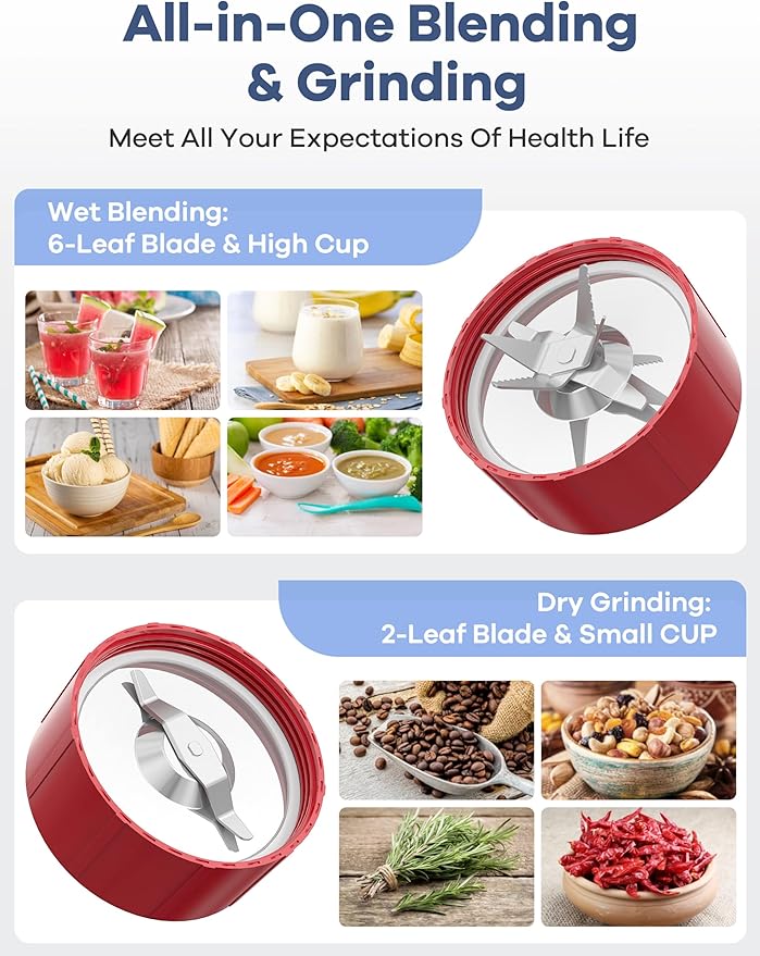 Ganiza 900W Blenders for Shakes and Smoothies, 15-Piece Personal Blender and Grinder Combo for Kitchen, Smoothies Maker with 4 BPA-Free Portable Cup, Nutritious Recipe Red