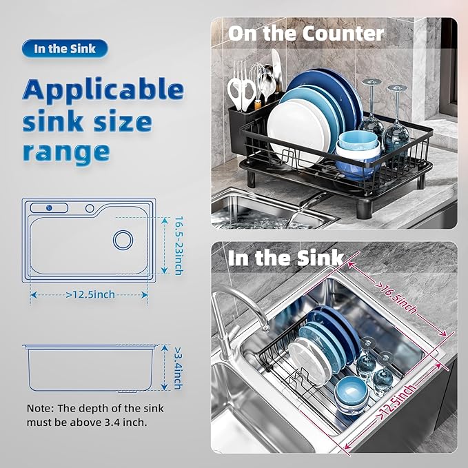 Dish Drying Rack, Space-Saving Dish Rack, Dish Racks for Kitchen Counter, Kitchen Dish Drainers with Removable Utensil Holder, Plate Rack and Drainboard, 11''W x 15''L, Black