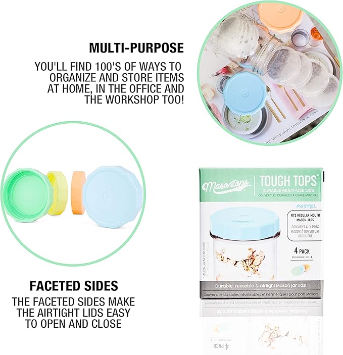 Masontops Tough Tops - Regular Mouth Mason Jar Lids BPA-Free Multi Color Plastic Reusable Dry Canning fit Ball Jars (Ball not included)