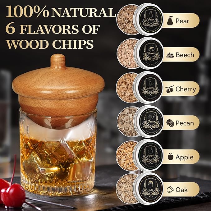 G GOOD GAIN Whiskey Smoker Kit with Torch - Old Fashioned Cocktail Smoker Infuser Kit, 6 Flavors Wood Chips, 4 Ice Stone | Birthday Bourbon Whiskey Gifts for Men, Dad, Husband (No Butane)