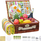 Picnic Basket Set for 4 with Waterproof Blanket Mat Insulation Bag Wicker Rainbow Stripe Cute Hawaiian Tropical Gift for Wedding Birthday Summer Camp Outdoor Camping Beach Travel Christmas