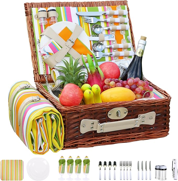 Picnic Basket Set for 4 with Waterproof Blanket Mat Insulation Bag Wicker Rainbow Stripe Cute Hawaiian Tropical Gift for Wedding Birthday Summer Camp Outdoor Camping Beach Travel Christmas