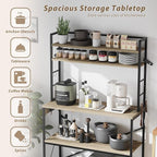 YESHOMY Kitchen Baker’s Rack with Power Outlet, 5-Tier Microwave Stand, Coffee Bar with 8 S-Shaped Hooks, Heavy Duty Storage Shelf Unit for Spices, Pots, Washed Gray