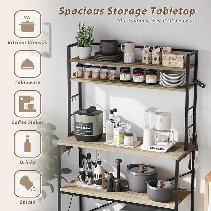 YESHOMY Kitchen Baker’s Rack with Power Outlet, 5-Tier Microwave Stand, Coffee Bar with 8 S-Shaped Hooks, Heavy Duty Storage Shelf Unit for Spices, Pots, Washed Gray
