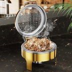 Chafing Dishes for Buffet, 6QT Round Stainless Steel Chafing Dish with Transparent Hydraulic Lid, 304 Food Pan, Buffet Warmer for Parties and Events (Golden)