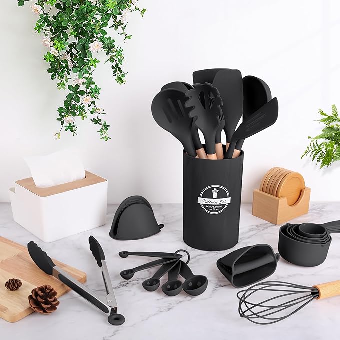 24 Pcs Kitchen Cooking Utensils Set,446°F Heat Resistant Non-Stick Silicone Kitchen Utensil Set With Wooden Handles and Holder,Kitchen Gadgets for Cookware,Kitchen Accessories,Black