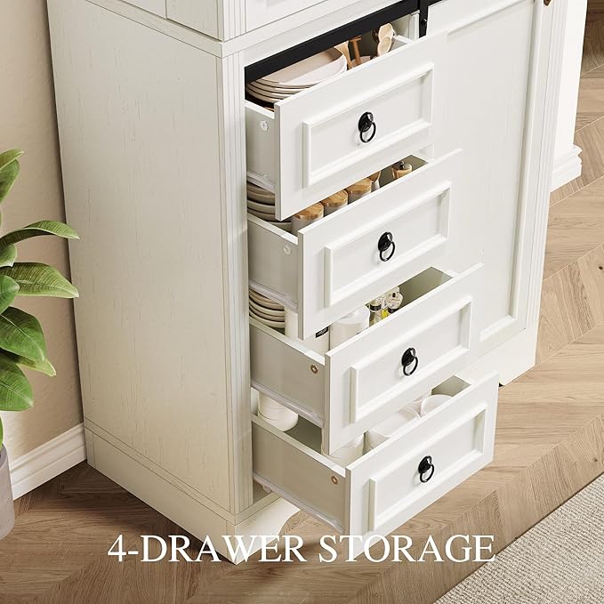 DWVO 71" Kitchen Pantry with Sliding Barn Door & Storage Drawers, Farmhouse Tall Storage Hutch Cabinet with Adjustable Shelves, Versatile Organizers for Living Room, Dining Room, Hallway, Off White