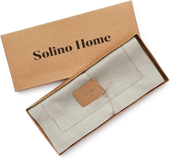 Solino Home Linen Natural Table Runner 36 Inches - Classic Hemstitch, 100% Pure Linen Coffee Table Runner 14 x 36 Inch Ideal for Dresser Tables - Summer, Fall, Autumn, Halloween