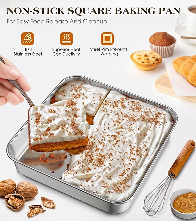 8 x 8-Inch Baking Pan with lid, 304 Stainless Steel Square Cake Pan, Commercial Grade Bakeware for Cakes Brownies Casseroles, Thicker Rectangle Sheet Cake Pans, Non-toxic & Heavy Duty &Dishwasher Safe