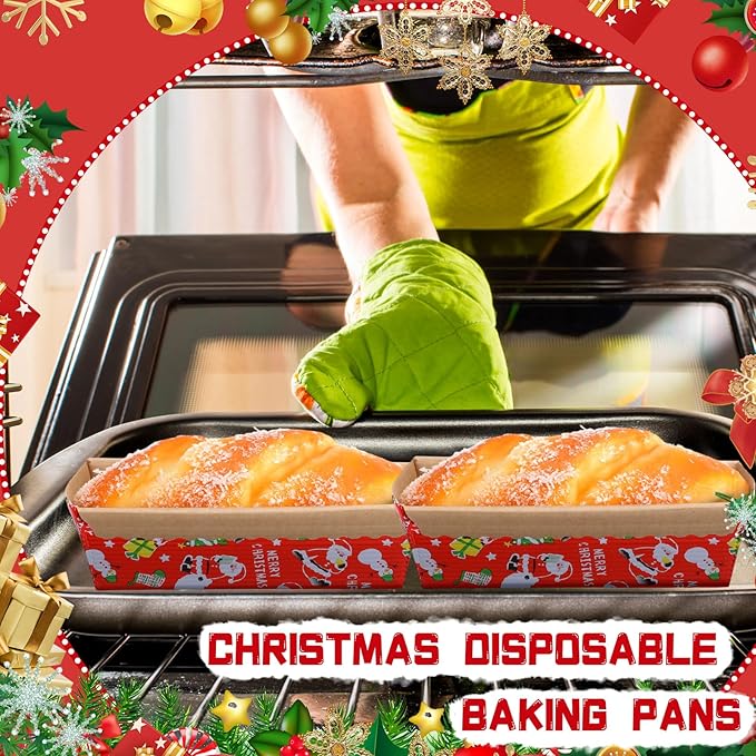 100 Sets Christmas Paper Loaf Pans Mini Disposable Baking Bread Pans with 100 Pcs Clear Bread Bags with Ties Rectangle Loaf Molds for Cake Oven Baker(5.9 x 2.6 x 2 Inches)