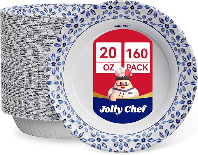 JOLLY CHEF 160 Count Paper Bowls 20 oz Soak Proof, Heavy Duty Printed Disposable Bowls Bulk for Dinner or Lunch
