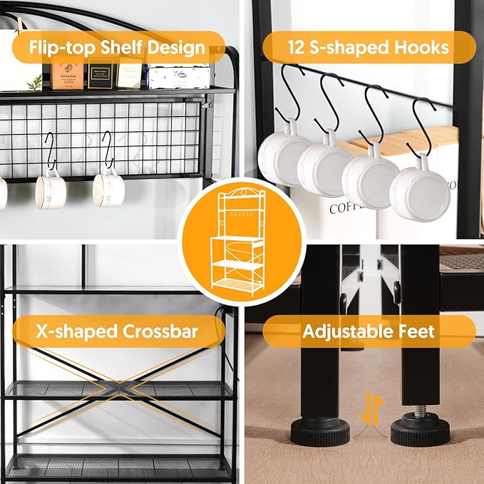 Bakers Rack for Kitchen, 33-inch Wide Coffee Bar Station with Power Outlet, 5 Tier Microwave Stand Storage Shelf with S-Shaped Hooks, Metal Frame with Coloured Glass Tabletop