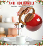 Festive Red Stovetop Whistling Tea Kettle 3.2 Quart - Stainless Steel with Wood Grain Handle, Loud Christmas Whistle for Boiling Water, Holiday Cocoa & Milk, Easy-Pour Spout Classic Design