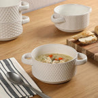 Gibson Elite Oyster Tide Embossed 6 Inch Soup Bowls with Handles. French Onion Soup Crocks, Stackable Soup Bowl, Chili, Beef Stew Reactive Glaze Stackable Ceramic Bowl, Set of 4, White