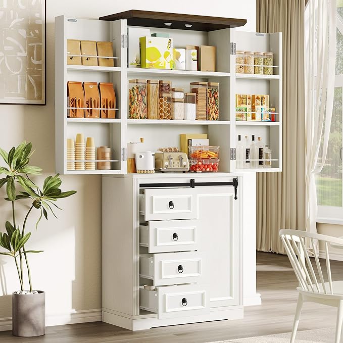 DWVO 71" Kitchen Pantry with Sliding Barn Door & Storage Drawers, Farmhouse Tall Storage Hutch Cabinet with Adjustable Shelves, Versatile Organizers for Living Room, Dining Room, Hallway, Off White