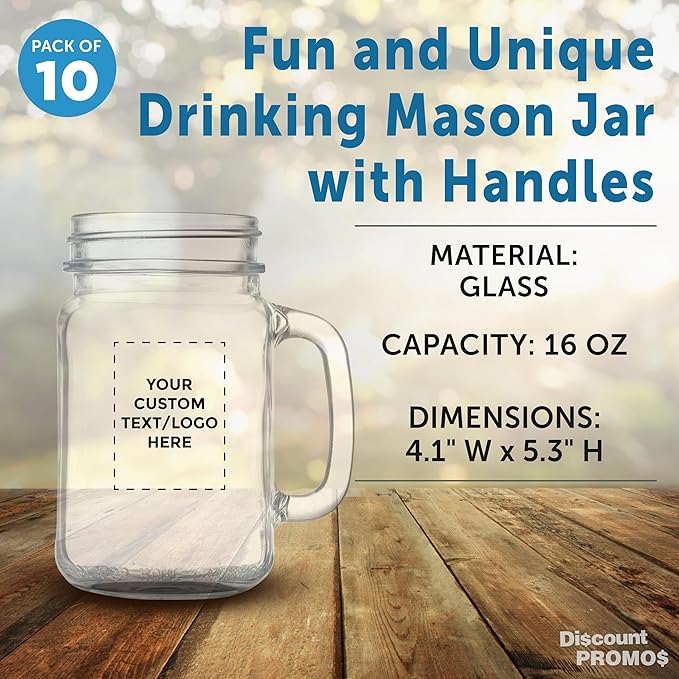 DISCOUNT PROMOS Custom Libbey Mason Jars w/Handles 16 oz. Set of 10, Personalized Bulk Pack - Traditional style, High standard - Black
