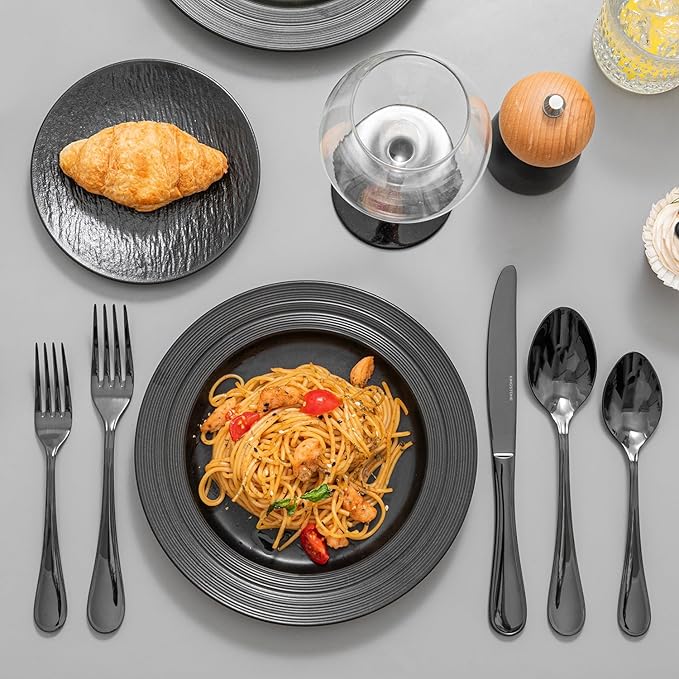 KINGSTONE 60 Piece Teardrop Silverware Set for 12, 18/10 Stainless Steel Flatware Set, Modern Design Cutlery Set for Home/Hotel/Wedding,Mirror Polished and Dishwasher Safe, Black