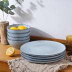 Famiware Tempus Plates and Bowls Sets for 6, 18 Pieces Stoneware Dinnerware Sets, Reactive Glaze Dishes Set, Dishwasher & Microwave Safe - Pearl Blue