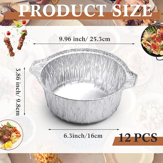 12 Pcs Disposable Aluminum Pot with Lid Round Foil Pans Disposable Cookware Food Container for Vacation Trips Camping Baking Heating Cooking (74.4 oz)