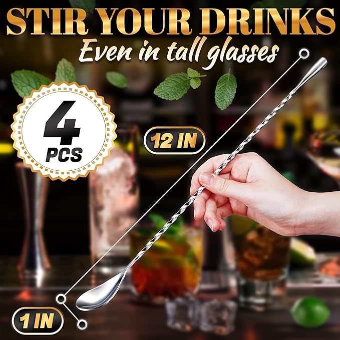 4 Pcs Bar Spoon Cocktail Mixing Spoon – 12'' Long Stainless Steel Cocktail Stirrers with Polished Surface, Easy to Clean – Great for Professional and Home Use, Practical Gift for Drink Mixing Lovers