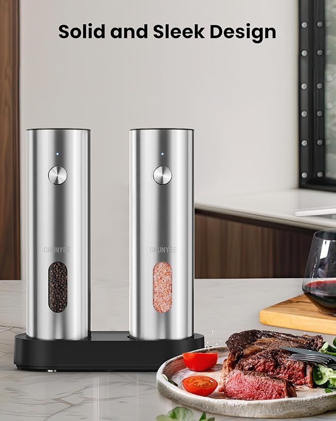 Electric Salt and Pepper Grinder Set with Rechargeable Base - Upgraded Large Capacity, Refillable Pepper Mill Set with LED Light & Adjustable Coarseness, Ideal for Kitchen, Outdoor, BBQ & Gift Giving