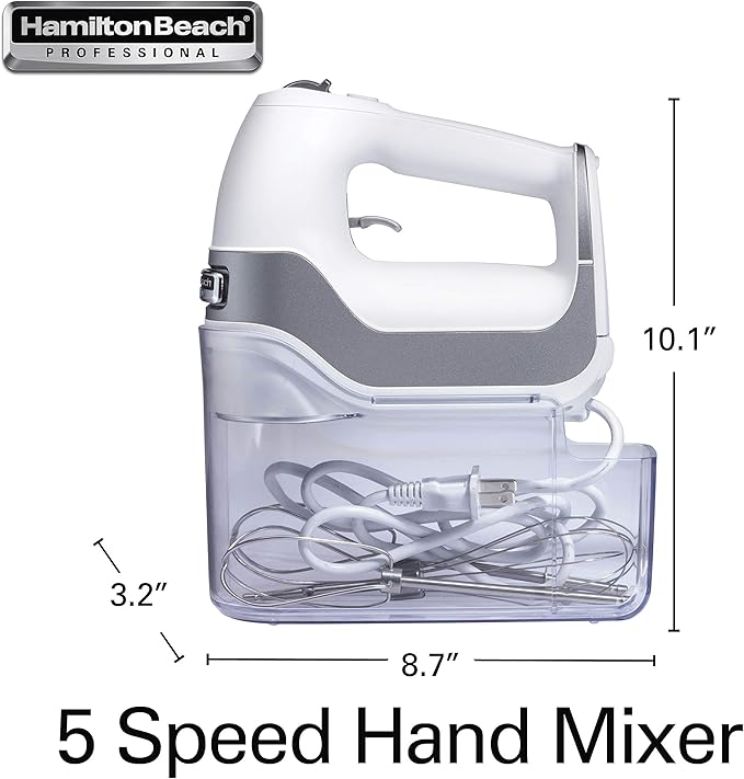 Hamilton Beach Professional 5-Speed Electric Hand Mixer with High-Performance DC Motor, Slow Start, Snap-On Storage Case, Stainless Steel Beaters & Whisk, White (62652)