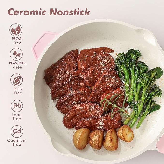 SENSARTE Nonstick Ceramic Skillet with Lid 10-inch, 3.5QT Non Toxic Deep Frying Pan, Saute Pan with Lid, Stay-cool Handle, Healthy Cooking Pot, Induction Compatible, Pink
