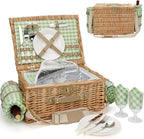 Picnic Basket for 2, Insulated Willow Picnic Baskets with Shoulder Strap, Picnic Hamper with Waterproof Picnic Blanket, Handmade Wicker Hamper for Outdoor Camping, Green Check