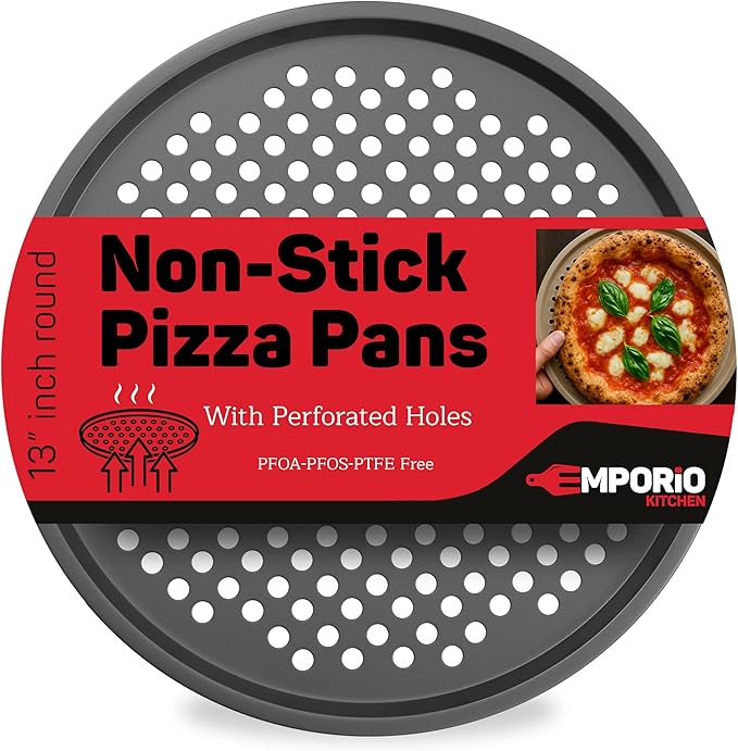 Non-Stick Pizza Pan 1 Pack, 13 Inch Round Carbon Steel Pizza Tray with Perforated Holes for Crispy Crust, PFOAPFOSPTFE Free, Dishwasher & Oven Safe Up To 450°F, Durable Nonstick Gray Coating