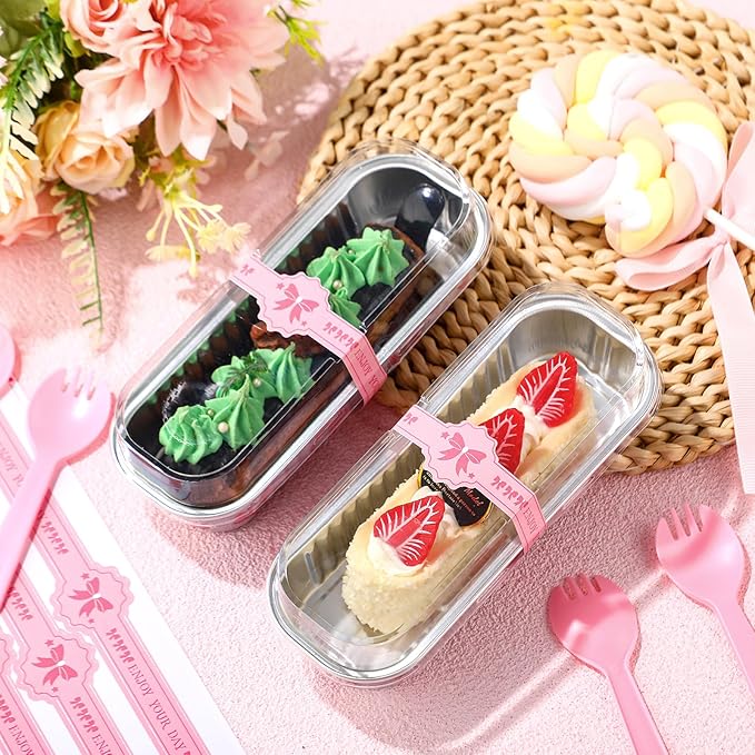 Tioncy 50 Pcs Mini Pink Bow Loaf Pans with Lids Spoons Sticker Cute Pink Bow 6.8oz Disposable Rectangle Aluminum Foil Baking Pans Muffin Cupcake Cups for Picnics Wedding Birthday Baby Shower