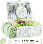 Picnic Basket Set for 4 with Waterproof Blanket Mat Insulation Bag Wicker White Green Plaid Fresh Cottagecore Gift for Wedding Birthday Summer Camp Outdoor Camping Christmas Thanksgiving