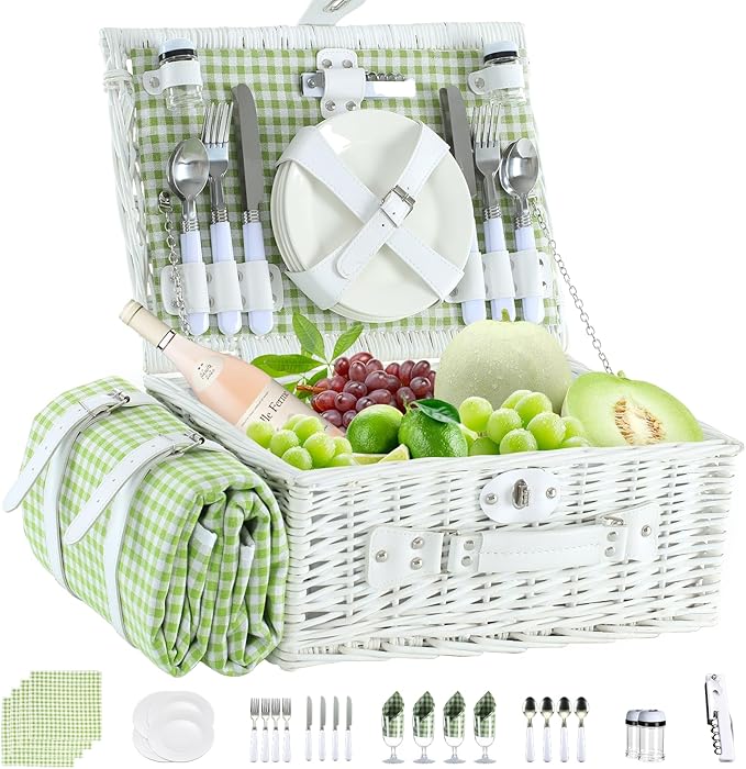 Picnic Basket Set for 4 with Waterproof Blanket Mat Insulation Bag Wicker White Green Plaid Fresh Cottagecore Gift for Wedding Birthday Summer Camp Outdoor Camping Christmas Thanksgiving