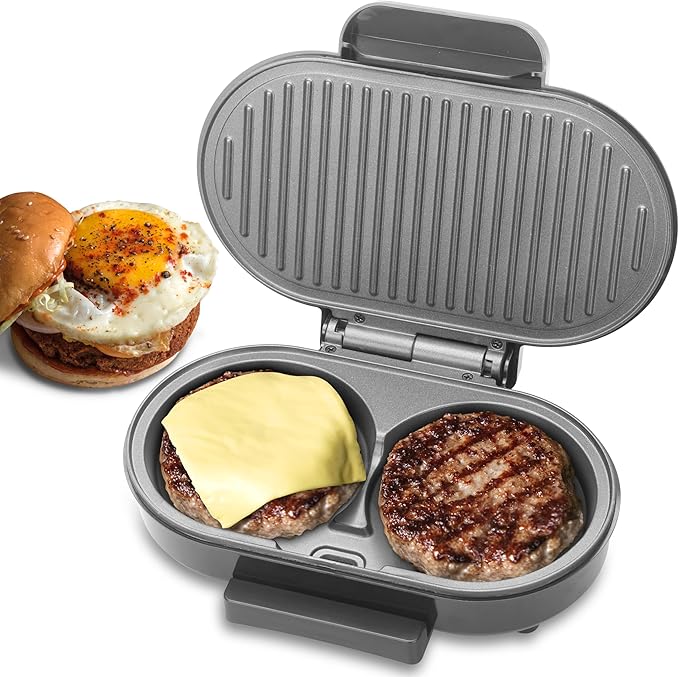 Double Mini Grill Maker, Breakfast Sandwich Maker, Burger Press Patty Maker, Panini Press Grill, Small Electric Grill, Ideal for Making Breakfast, Lunch and Snacks