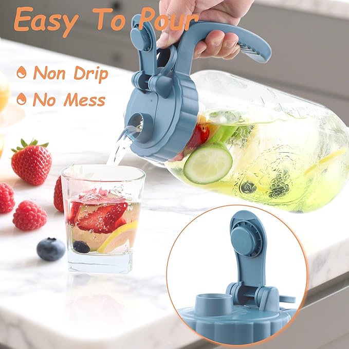 Mason Jar Pitcher 2 Quart With Pour Spout Lids 64 OZ Wide Mouth Water Pitcher Airtight And Leakproof Glass Carafe With Handle And Flip Cap For Milk, Iced Tea, Cold Brew Coffee, Juice, Infused Water