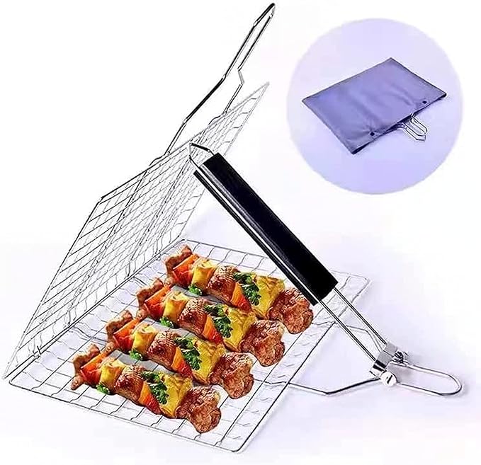Fish Grill Basket,Olighan Foldable Grilling Basket with Removable Handle,Stainless Steel Large Folding BBQ Rack,Portable Camping Grilling baskets for Vegetables,Steak,Fish,Shrimpand at Home or Outdoor