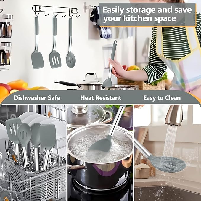 P&P CHEF Gray Kitchen Cooking Utensil Set of 4, Silicone Solid Spatulas Slotted Spoons Turners for Non-stick Cookware Flipping Mixing, Heat-proof