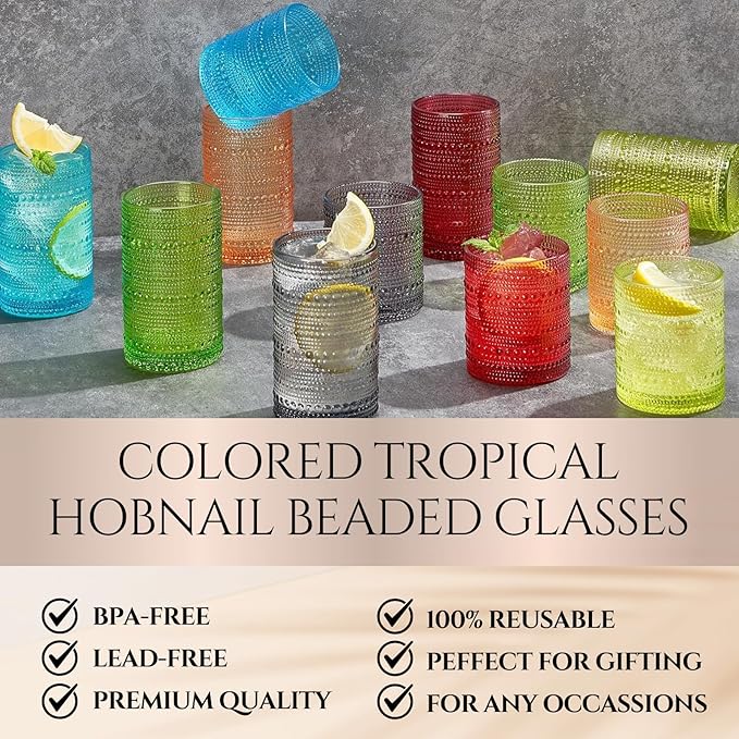 Hobnail Beaded Highball Drinking Tumbler Glasses | Set of 12 | Color, Vintage Bubble Design Whiskey Glassware, Old-Fashioned, Embossed Design for Water, Wine, Cocktail Embossed Heavy Glas, Rocks Glass