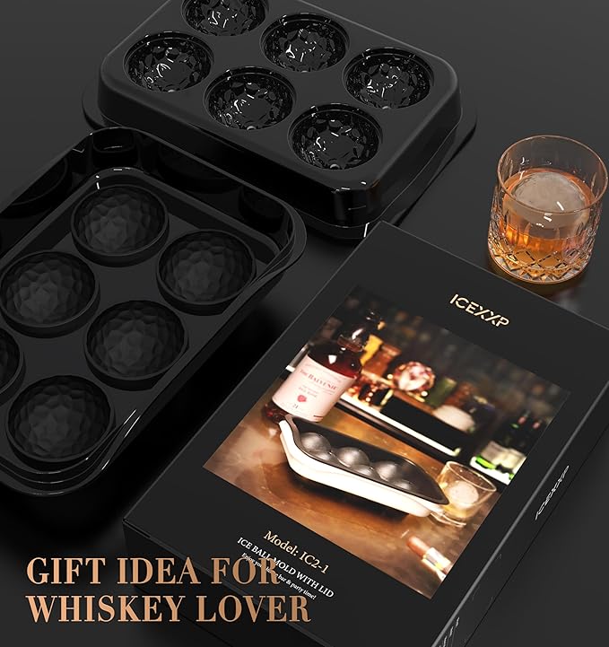Whiskey Ice Ball Maker, [Fill without Funnel & Easy Release] 2.2'' Round Large Iced Cube Trays with Cover, Reusable Sphere Silicone Ices Tray with Lids for Bourbon, Gift for Brandy Lover