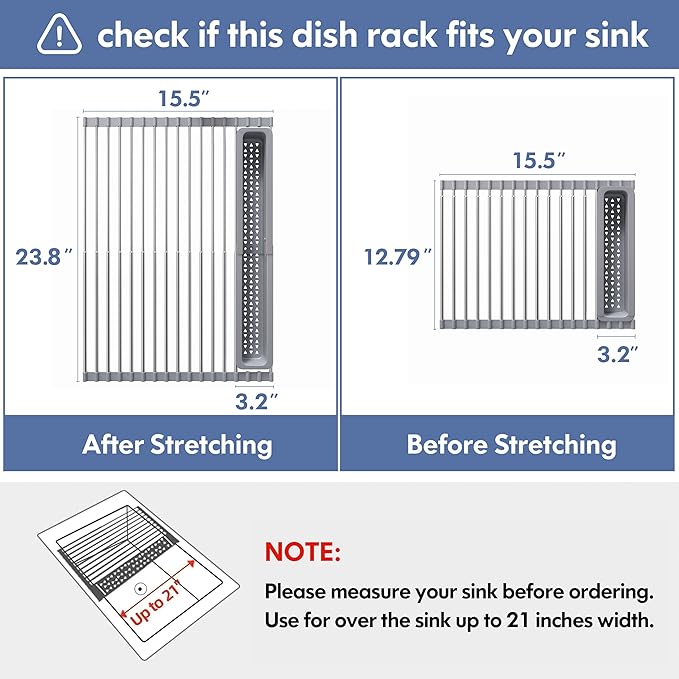 Over The Sink Dish Drying Rack for Kitchen, Expandable (12.8"-23.8" D x 15.5" W) Roll Up Dish Drainer with The Function of Fordable, Rust Proof, Large Sink Cover with Removable Utensil Holder