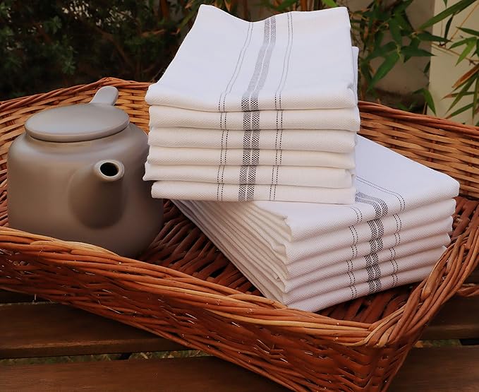 AMOUR INFINI Cotton White Kitchen Towels Set of 12 - Highly Absorbent, Soft, Quick Dry Dish Towel - Commercial, Restaurant and Bar Towels with Hanging Loop (16x28 Inch - Charcoal)