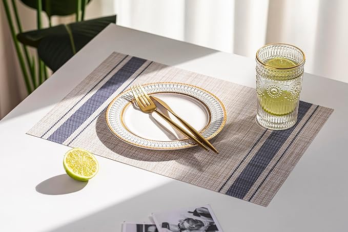 LEXMORE Placemats Set of 4 Vinyl/Plastic Woven Place Mats for Kitchen Table Indoor/Outdoor Washable Placemat Wipeable Dining Table Mats(Blue Skyline)